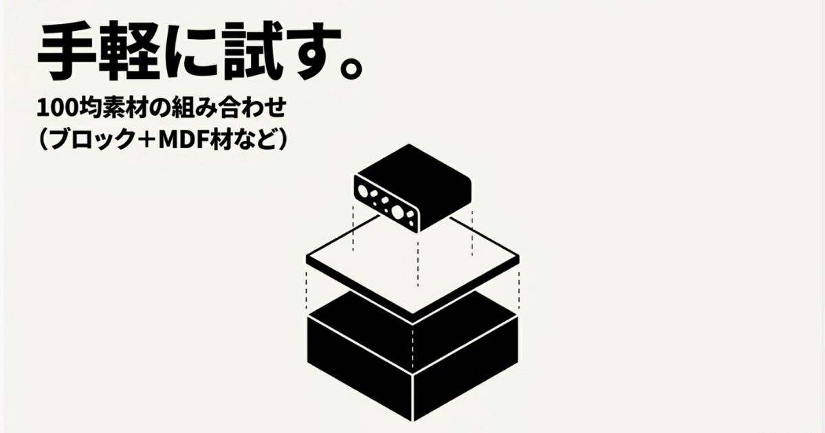百円均一の安価な素材による自作例。発泡素材と木質ボード、短い鉄柱と金属皿、木製ブロックと透明板を組み合わせ、最小限の費用で高さを構築する方法。