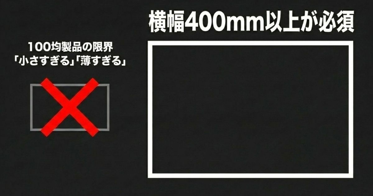 100均製品の限界として小さすぎる・薄すぎる点を挙げ、VALORANTには横幅400mm以上が必須であることを示すバツ印のついたスライド。