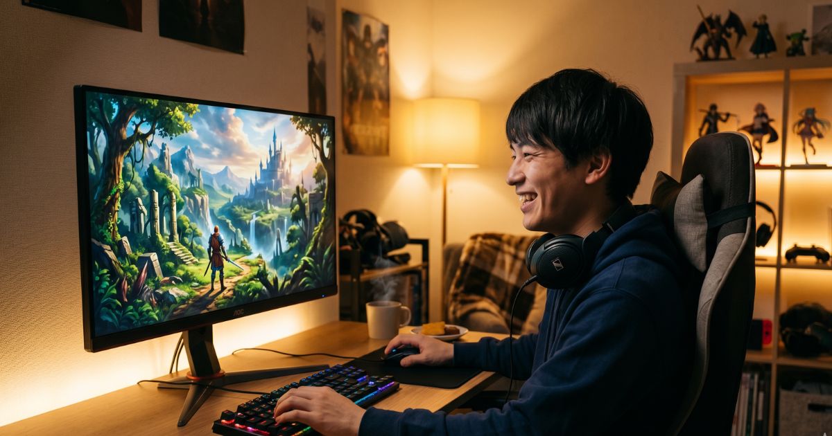 27インチWQHDゲーミングモニターで美しいグラフィックのRPGを楽しむ日本人ゲーマーの様子