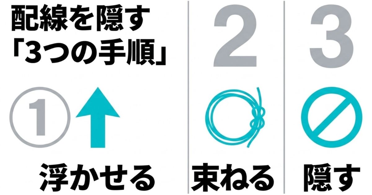 配線整理の基本となる「浮かせる」「束ねる」「隠す」の3つのステップを示したスライド