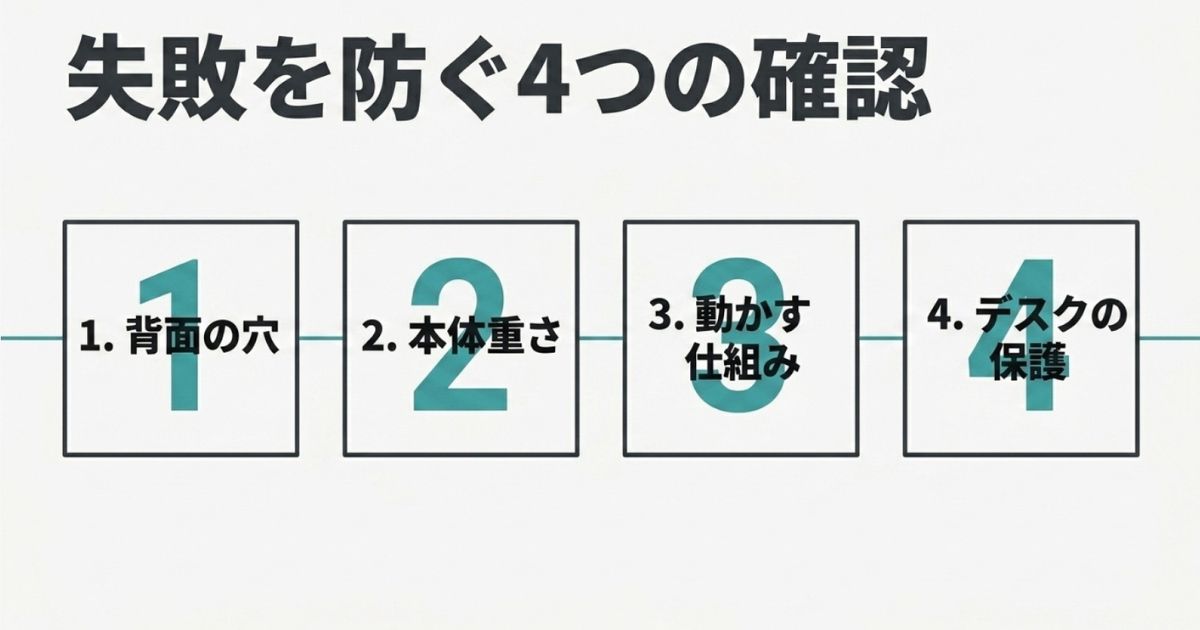 モニターアーム選びで失敗を防ぐ4つの確認ポイント（1.背面の穴、2.本体重さ、3.動かす仕組み、4.デスクの保護）を示す図です 。
