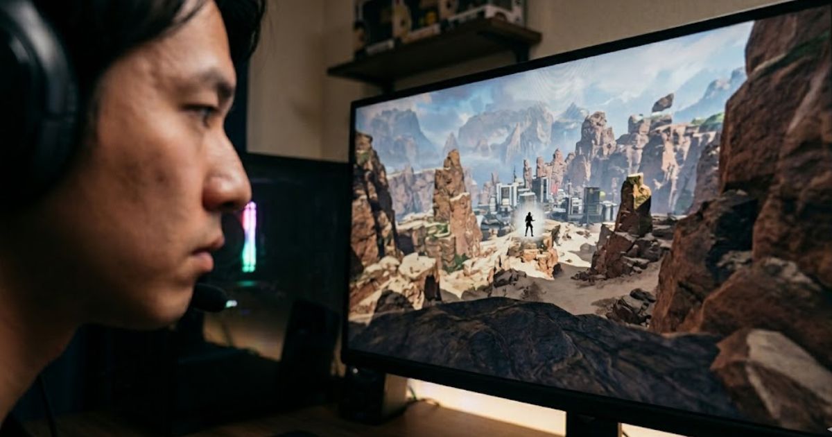 WQHDモニターでApex Legendsの遠景にいる敵とはっきりと視認する日本人プレイヤー。