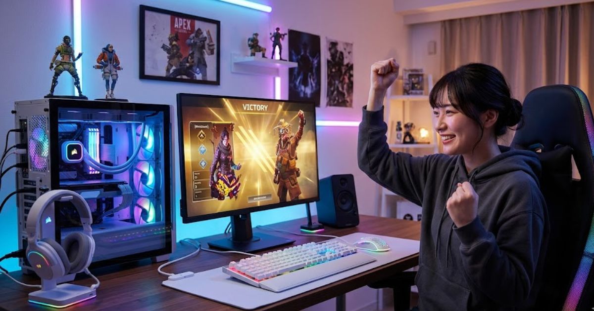WQHDゲーミング環境でApex Legendsの勝利を喜ぶ日本人女性プレイヤーと、理想的なデスクセットアップ。
