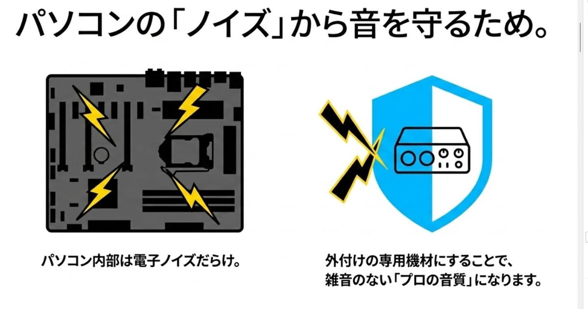 パソコンのノイズ対策パソコン内部の電子ノイズから音響信号を守りプロの音質を実現する仕組み