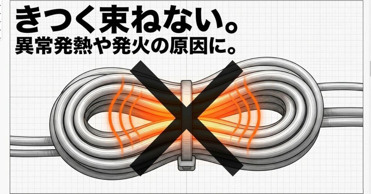 ケーブルをきつく束ねることで発生する異常発熱や発火のリスクを示す警告アイコン