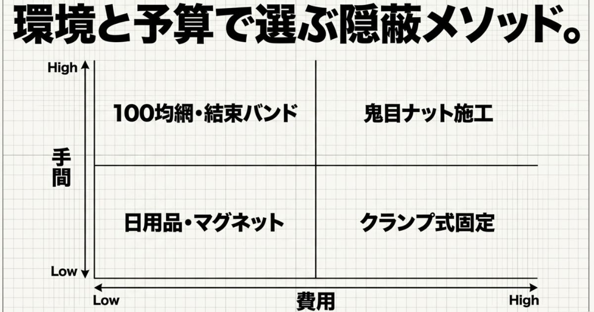 手間と費用を軸にした、昇降デスク配線を隠す4つのメソッド（100均網、マグネット、鬼目ナット、クランプ式）の比較マトリクス