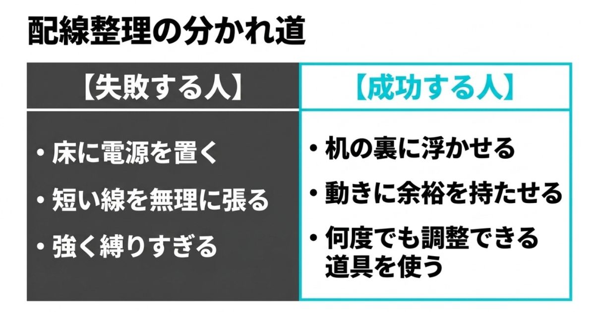 床に電源を置くなどの「失敗する人」と、机の裏に浮かせるなどの「成功する人」の特徴を比較したまとめ表のスライド