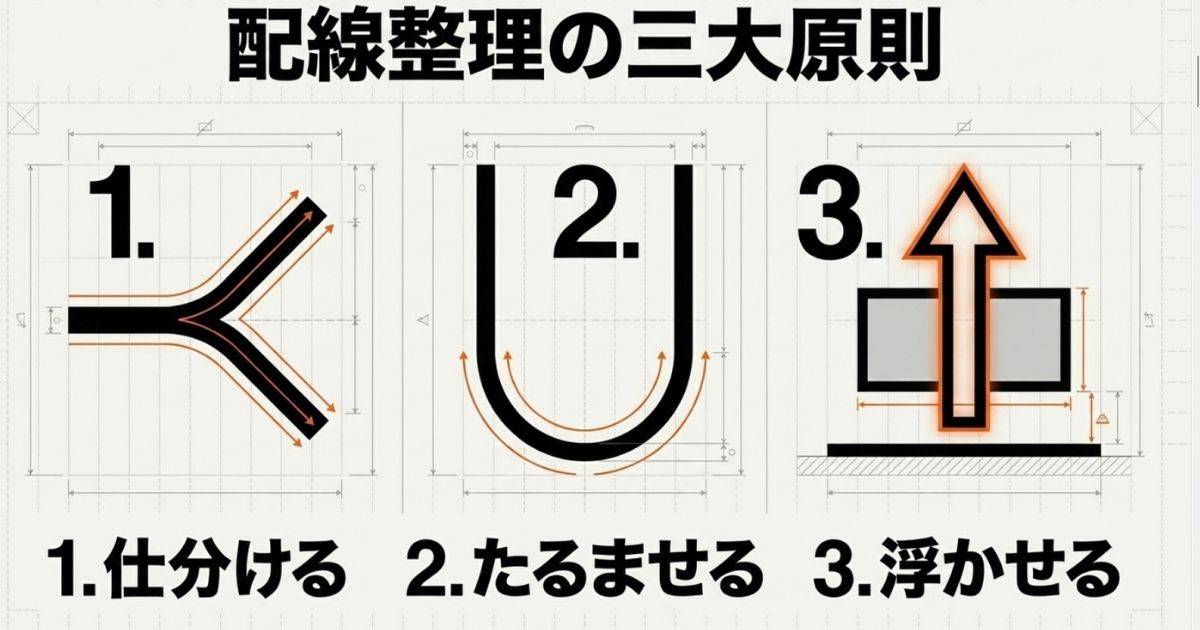 昇降デスクの配線整理における3つの基本原則（仕分ける、たるませる、浮かせる）の図解