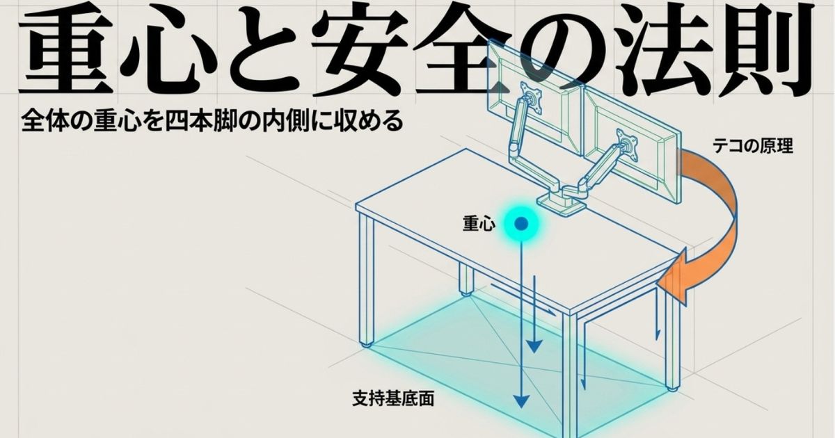 重心と安全の法則。テコの原理を考慮し、全体の重心を四本脚の支持基底面の内側に収める