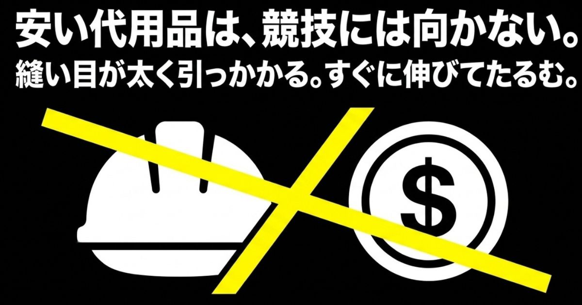 安い代用品は競技には向かない。縫い目が太く引っかかり、すぐに伸びてたるむという欠点の解説。
