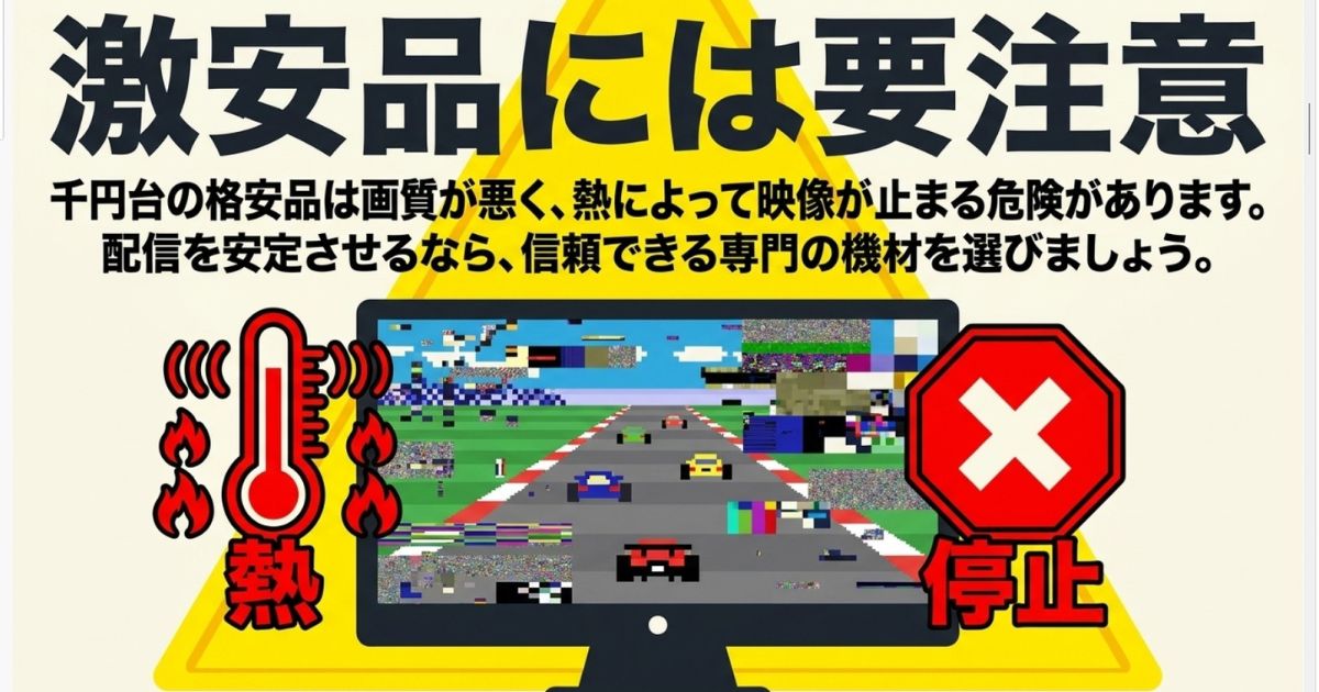 千円台の格安品は画質が悪く、熱によって映像が止まる危険があるという説明