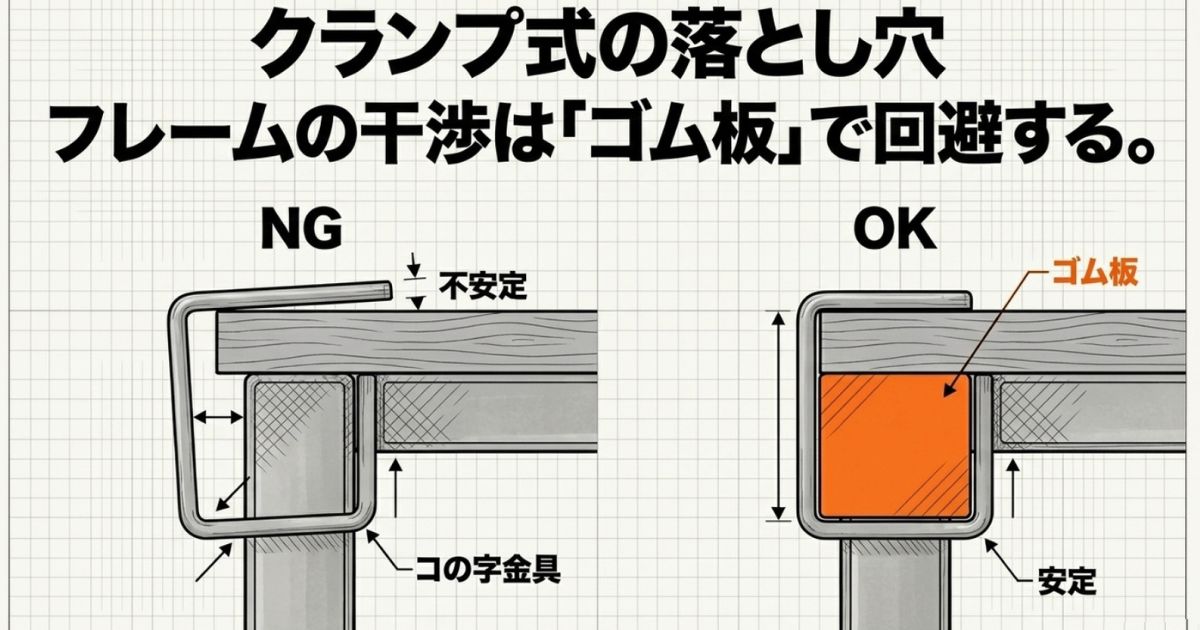 昇降デスクのフレーム干渉を回避するため、ゴム板とコの字金具を使ってクランプを安定させる方法の図解