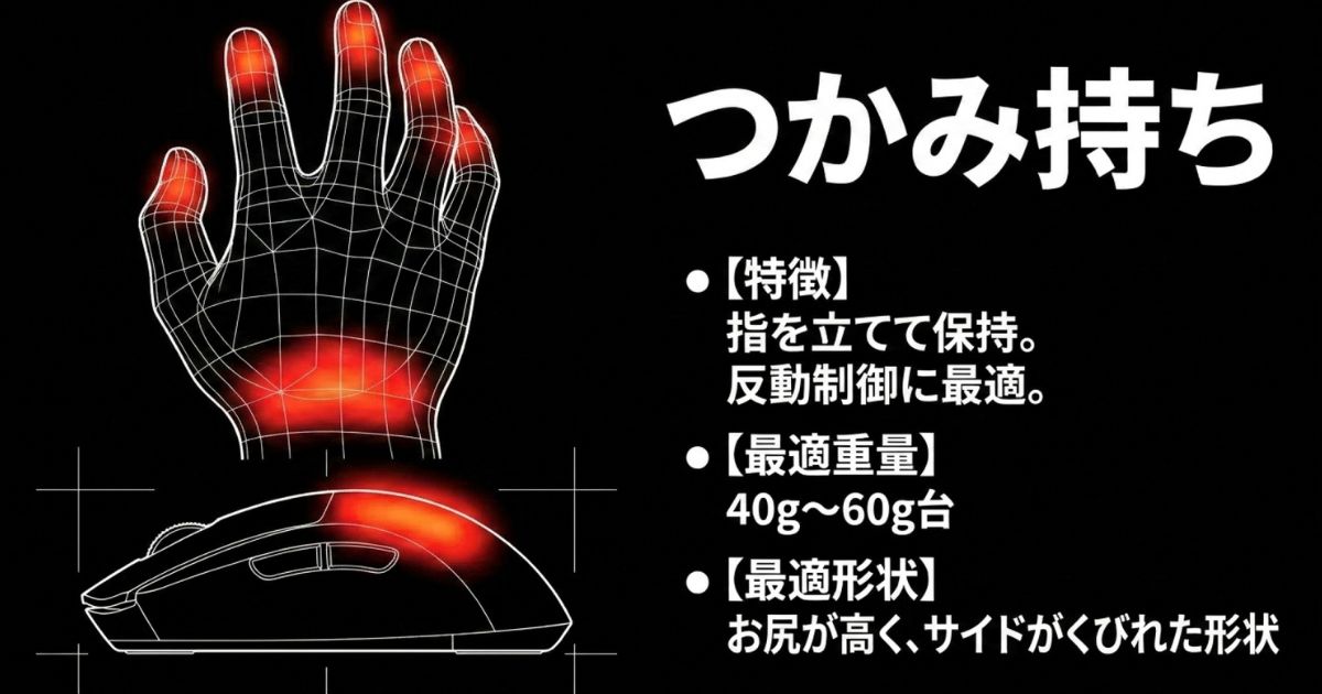 つかみ持ちの特徴。指を立てて保持し反動制御に最適。最適重量は40gから60g台、お尻が高くサイドがくびれた形状がおすすめ。