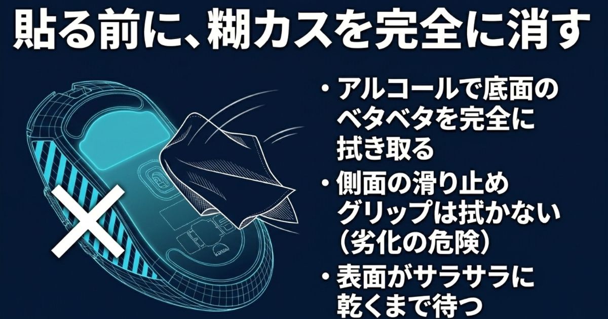 新しいマウスソールを貼る前に底面の糊カスをアルコールで完全に拭き取る方法