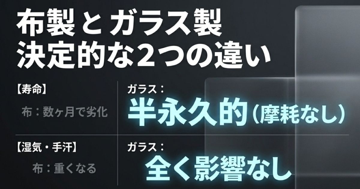 布製とガラス製マウスパッドにおける寿命と湿気・手汗への影響の違いをまとめたスライド