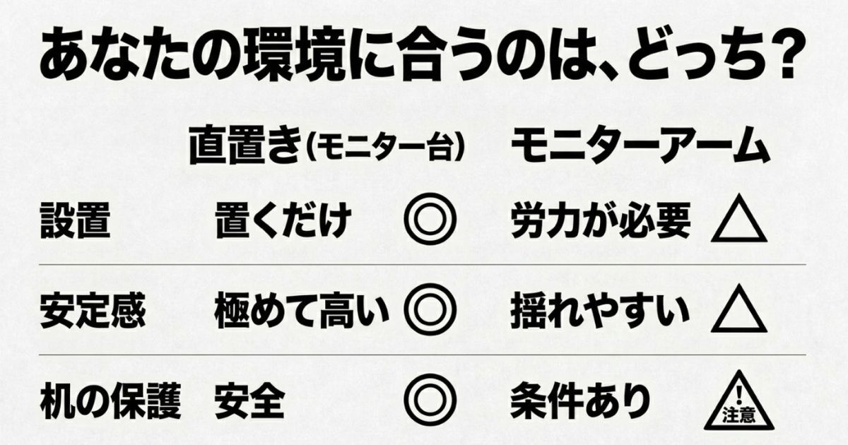 モニター台とモニターアームの設置の手間、安定感、机の保護についての比較表