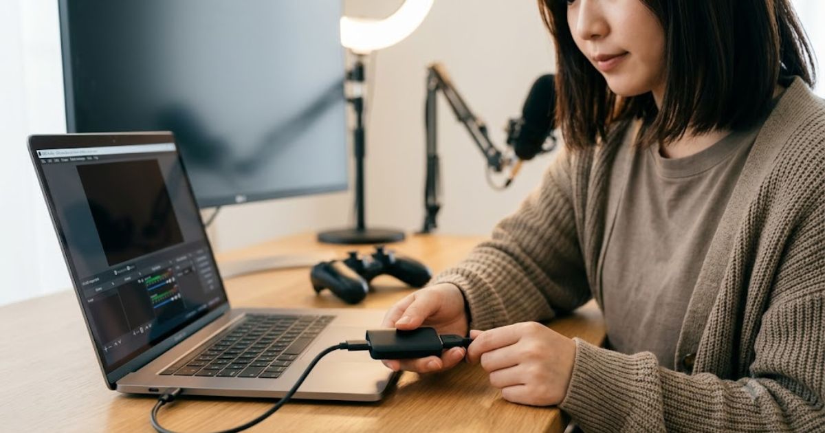 ノートパソコンのUSBポートに小型のキャプチャーボードを接続する日本人女性の配信者。