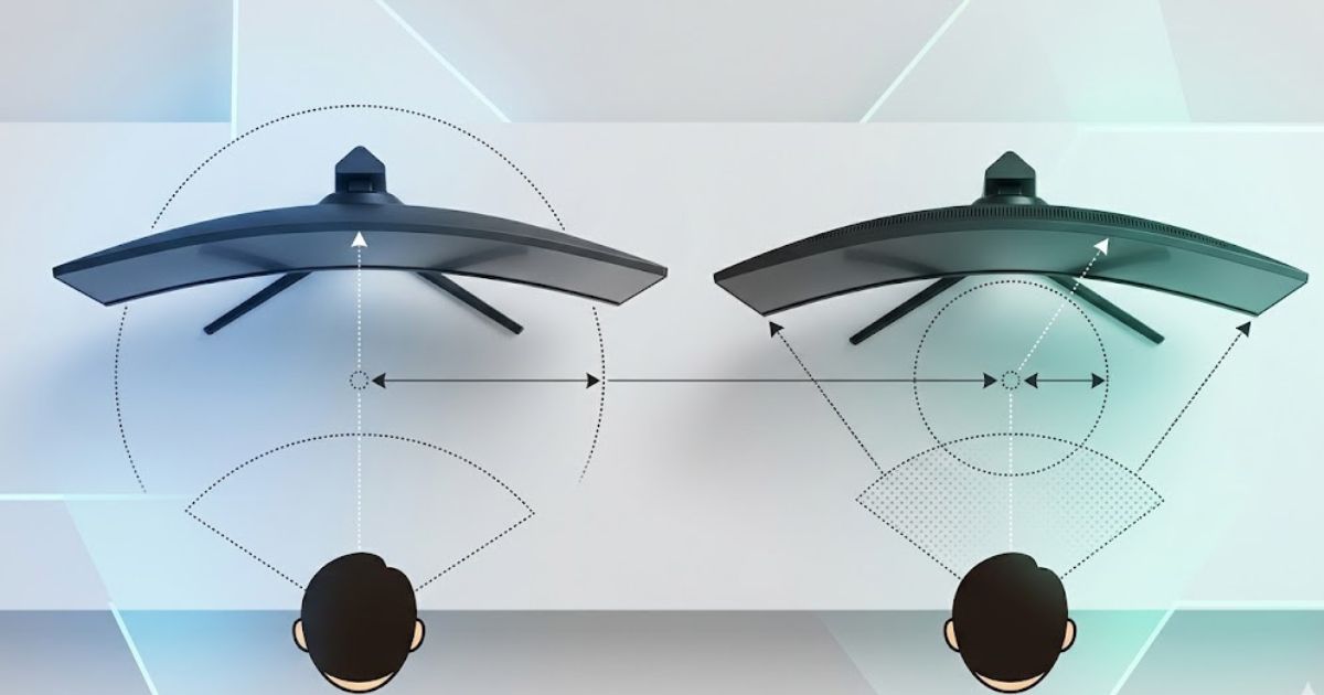 2つの異なる曲率（R値）を持つ湾曲モニターの上面図。曲がり具合の違いと、それぞれの中心からの半径を視覚的に比較している（テキストなし）。
