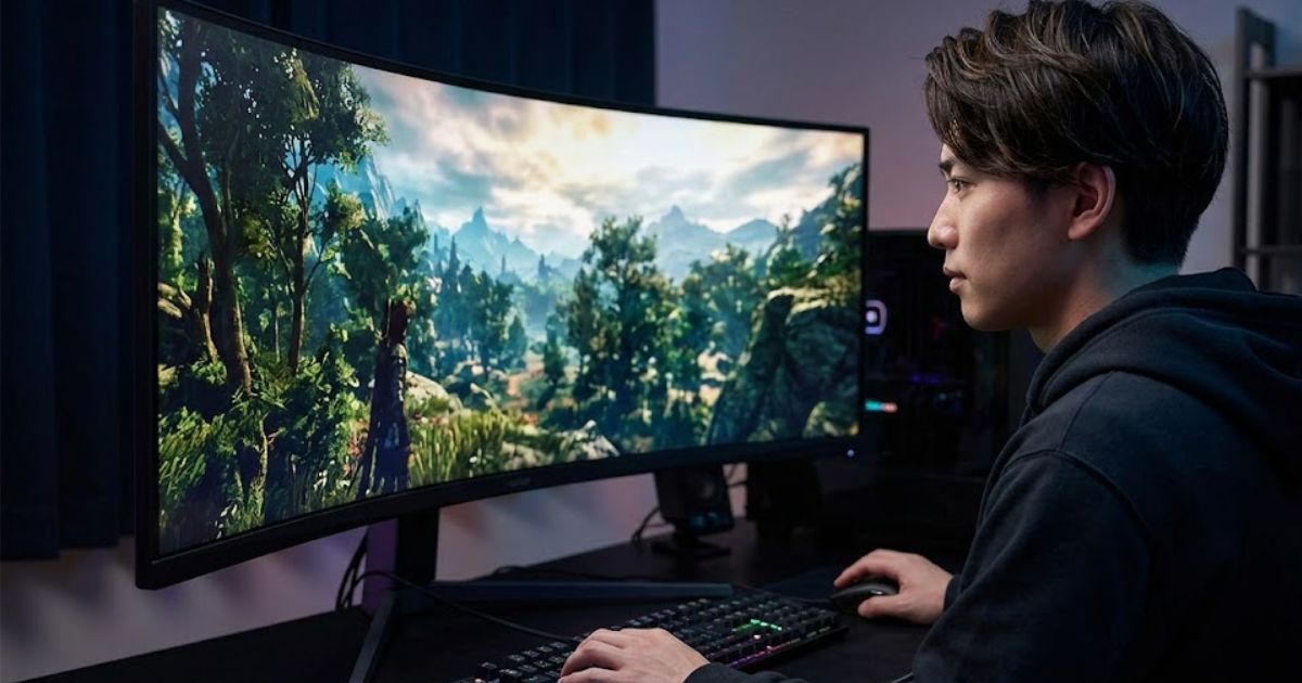 湾曲ウルトラワイドモニターの前で、美しいゲーム画面に没入する日本人男性ゲーマー。画面のカーブが視界を包み込んでいる。