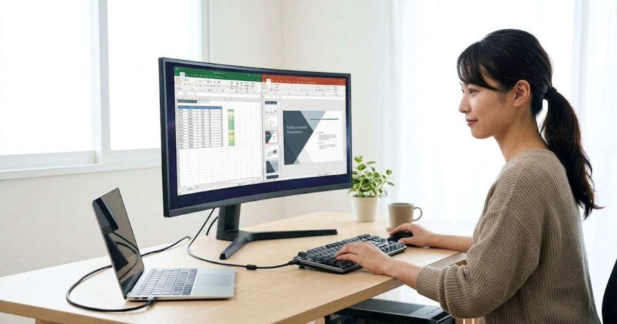 湾曲ウルトラワイドモニターにノートPCをUSB Type-Cケーブル1本で接続し、仕事をする日本人女性。キーボードとマウスはモニター経由で共有されている（テキストなし）。