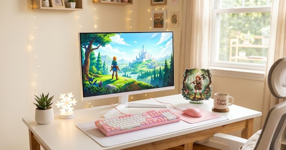 白とパステルピンクで統一された、おしゃれでかわいいゲーミングデスク環境の全体像