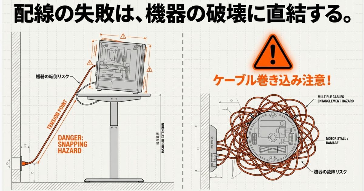 昇降時のケーブル引っ張りによるPC転倒リスクや、複数ケーブルの巻き込みによるモーター故障の危険性