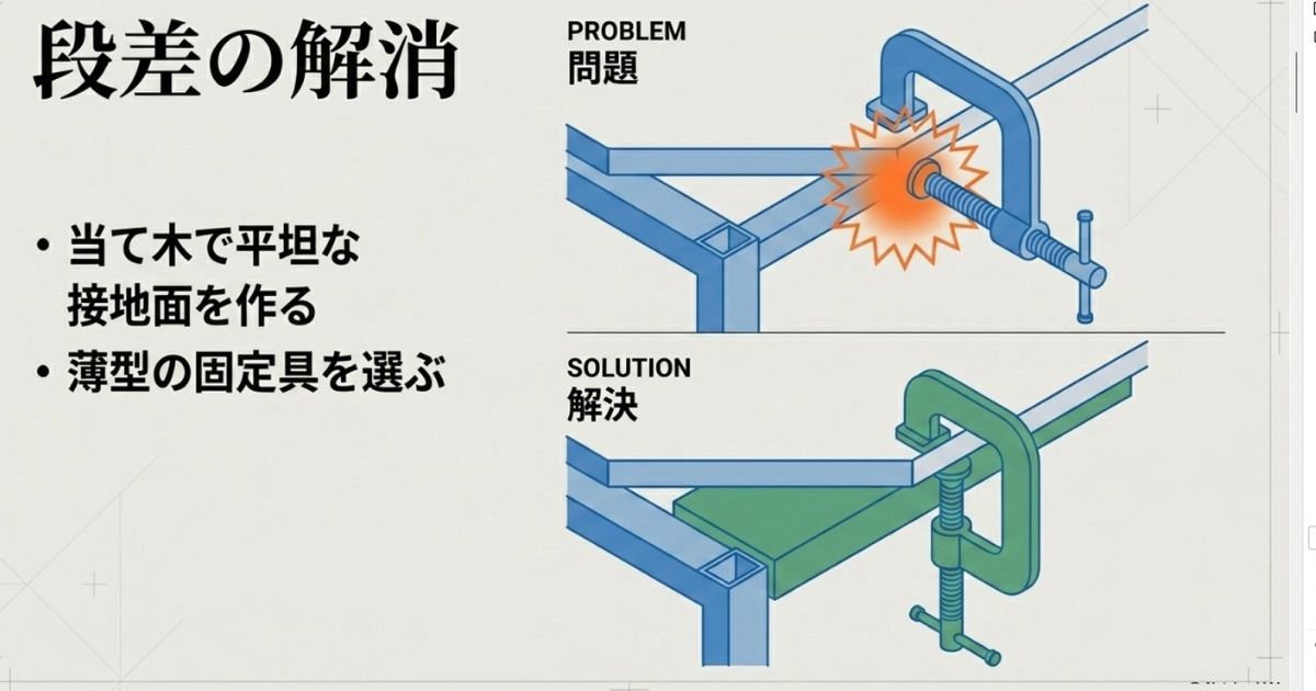 クランプ干渉の解決策。当て木で平坦な接地面を作る、または薄型の固定具を選ぶことで段差を解消する