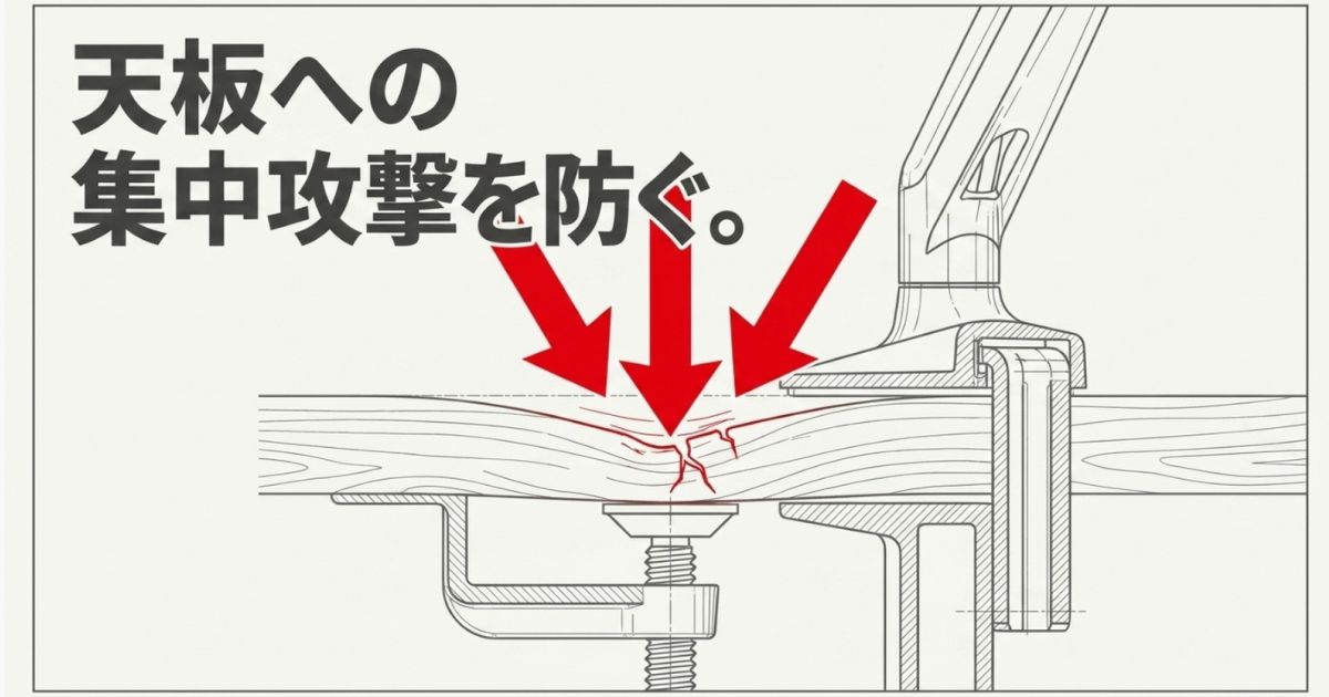 天板への集中攻撃を防ぐため、補強プレートは必須の保険であり、特にガラス天板は割れる危険性があることを示す図です 。