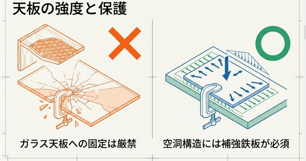 天板の強度と保護。ガラス天板への固定は厳禁。空洞構造には補強鉄板を使って荷重を分散させることが必須