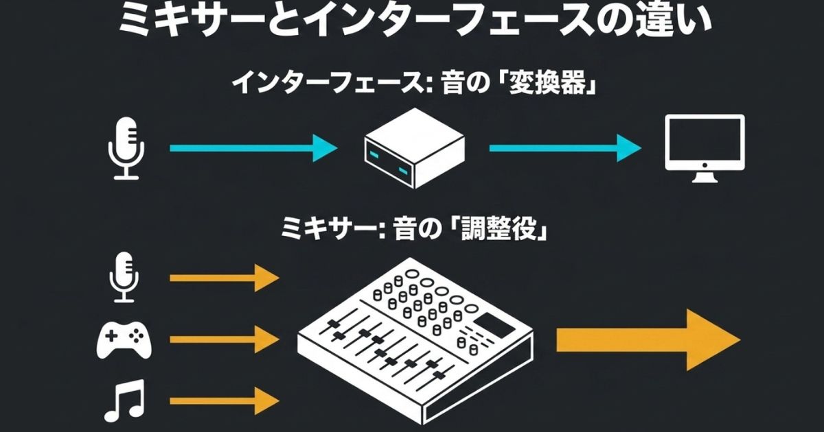 オーディオミキサーとインターフェースの違いオーディオインターフェースを変換器、ミキサーを調整役として役割を比較解説した図解