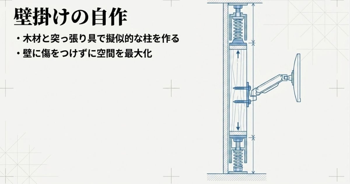 壁掛けの自作。木材と突っ張り具で擬似的な柱を作ることで、壁に傷をつけずに空間を最大化する
