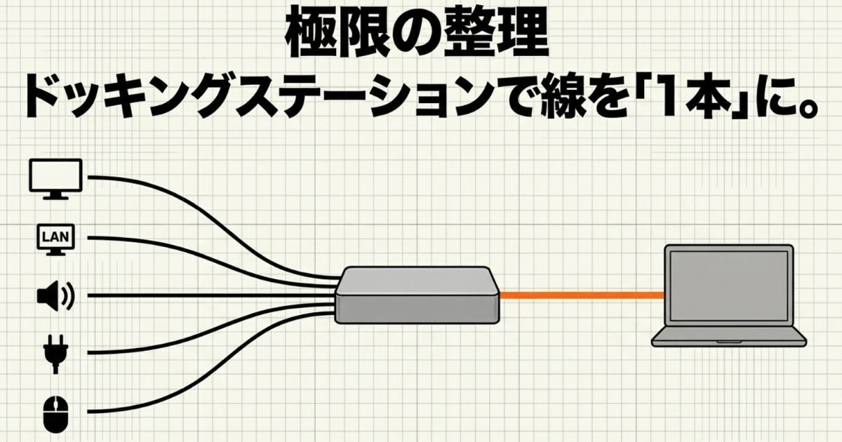 ノートパソコンと外部機器の配線をドッキングステーション経由でケーブル1本に集約した図解