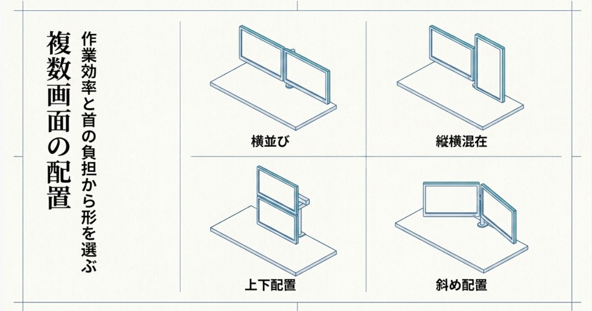 複数画面の配置。作業効率と首の負担から、横並び、縦横混在、上下配置、斜め配置などの形を選ぶ