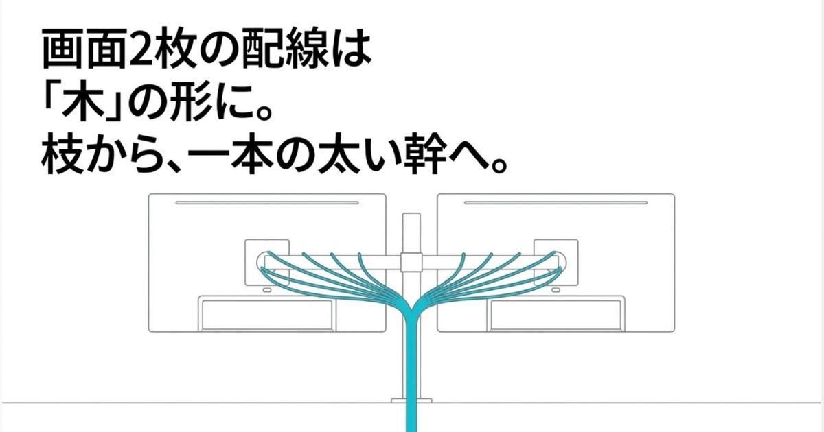 デュアルモニター環境における配線は、枝から一本の太い幹へと合流するツリー状のルーティングを意識するという解説スライド