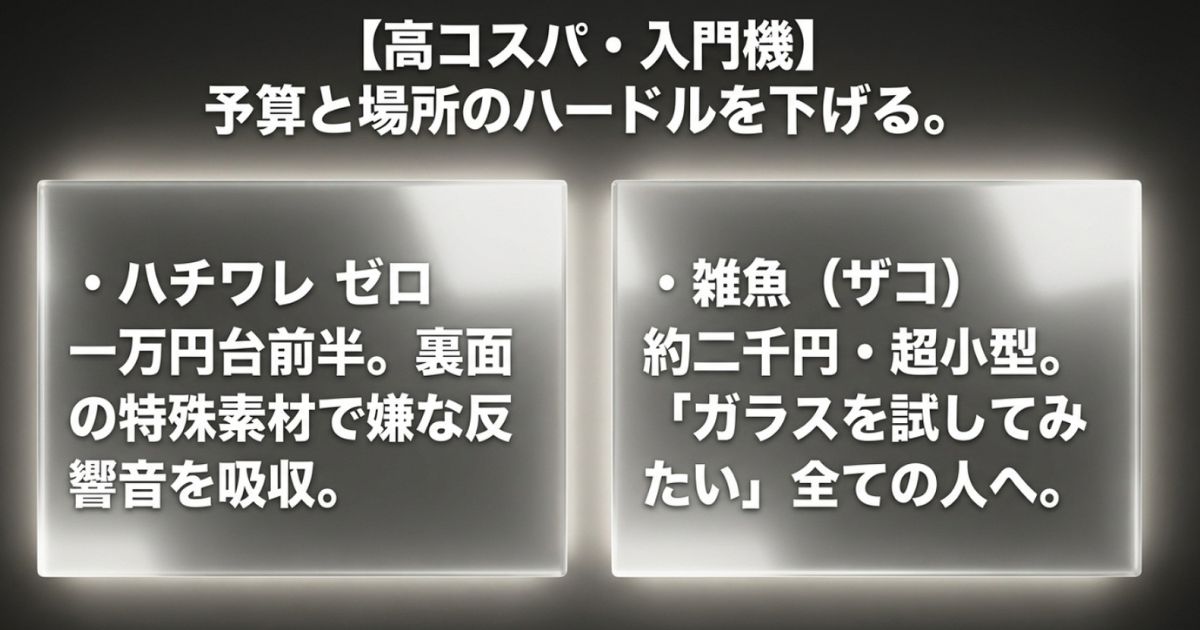 予算と場所のハードルを下げる、高コスパで小型な入門機向けのガラス製マウスパッドを紹介するスライド