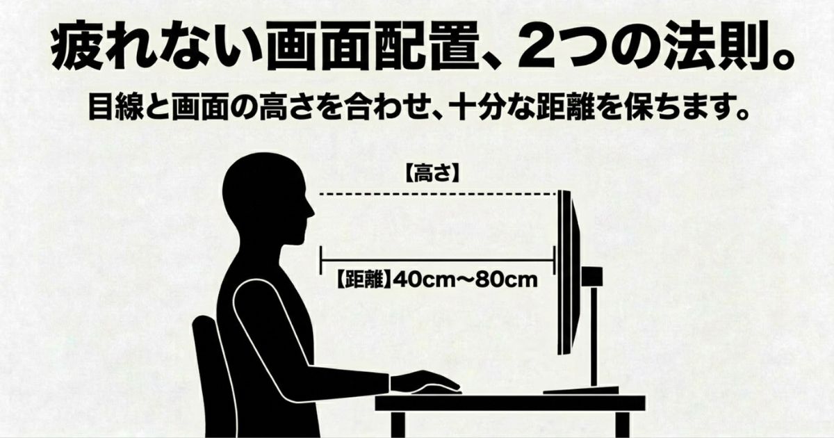 目線と画面の高さを合わせ、40cmから80cmの十分な距離を保つ人間工学的なモニター配置のイラスト