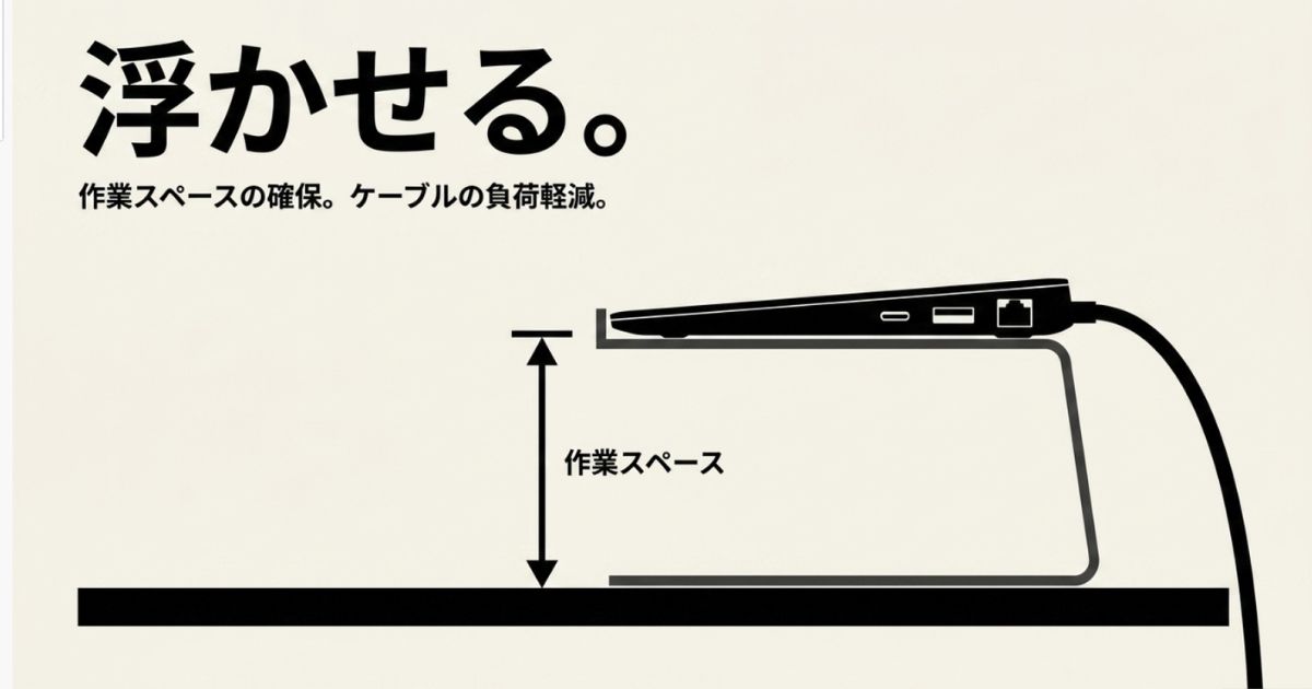 解決策である機材を「浮かせる」配置。机上のデッドスペースを収納に変え、太い音声ケーブルの端子負荷を軽減することを示す図解。