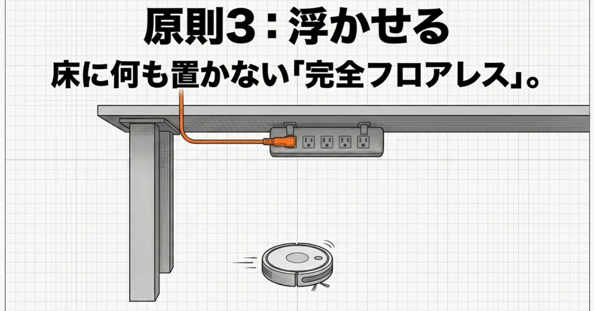 原則3：浮かせる代替テキスト: 床に何も置かない「完全フロアレス」を実現した、掃除がしやすいデスク下の状態