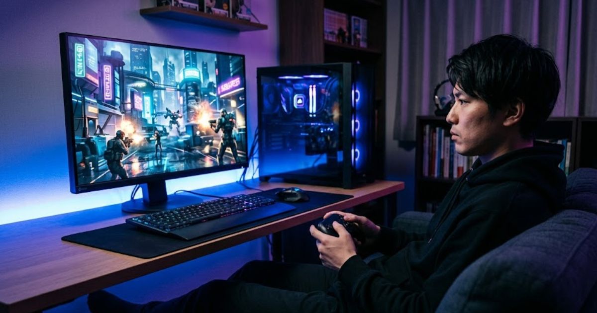 リラックスした姿勢でコントローラーを使いPCでFPSゲームをプレイする日本人男性