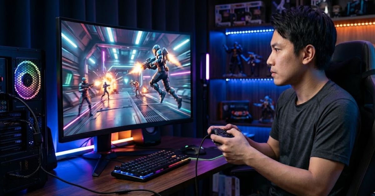 背面ボタンを操作しながらPCでFPSゲームをプレイする日本人ゲーマー