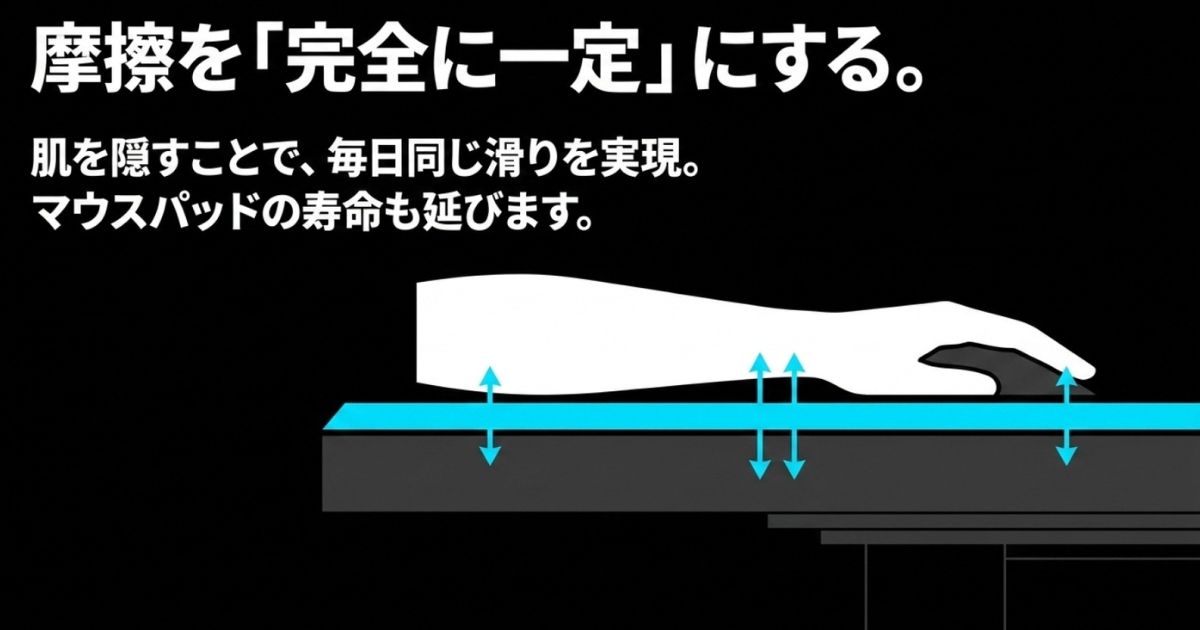 摩擦を完全に一定にするメリット。肌を隠すことで毎日同じ滑りを実現し、マウスパッドの寿命も延びるという解説。