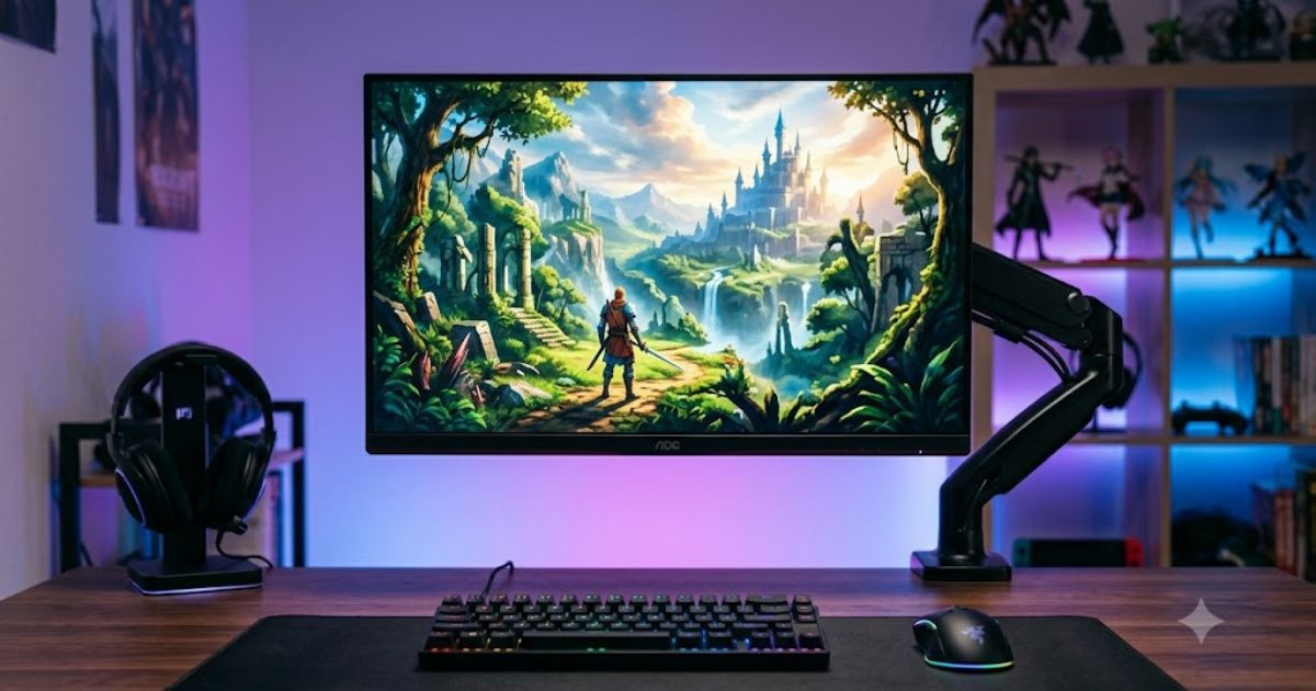 モニターアームとコンパクトキーボードを活用して視聴距離を最適化したスマートなゲーミングデスク環境