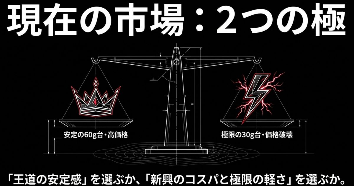 現在の市場は2つの極。安定の60g台の高価格帯か、極限の30g台の価格破壊か。