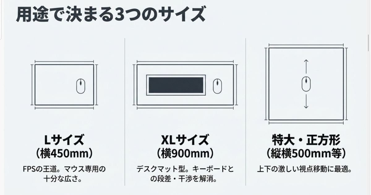 用途で決まるゲーミングマウスパッドの3つのサイズ（Lサイズ・XLサイズ・正方形特大）