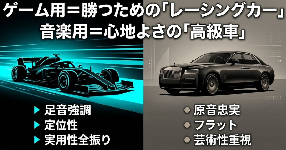 ゲーミングアンプは実用性全振りの「レーシングカー」、音楽用アンプは芸術性重視の「高級車」であるという設計思想の比較
