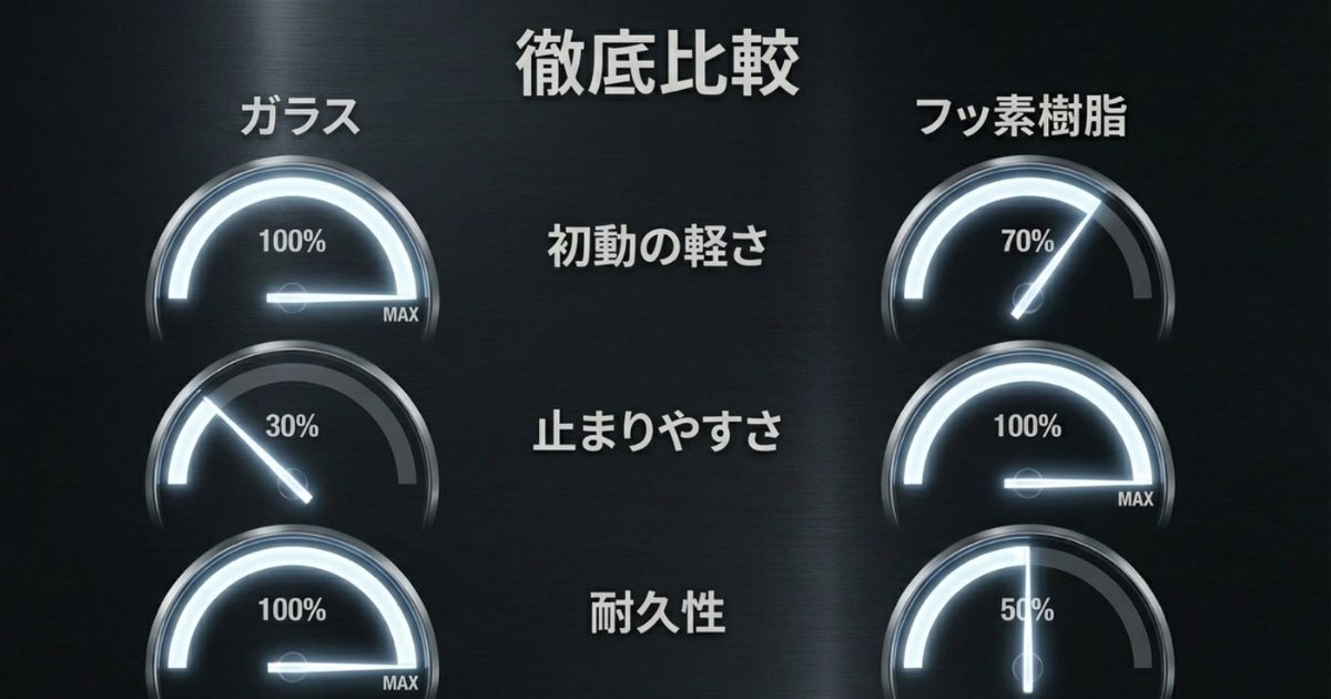 ガラスソールとフッ素樹脂ソールの初動の軽さ、止まりやすさ、耐久性をパーセンテージとメーターで徹底比較したデータスライド 。