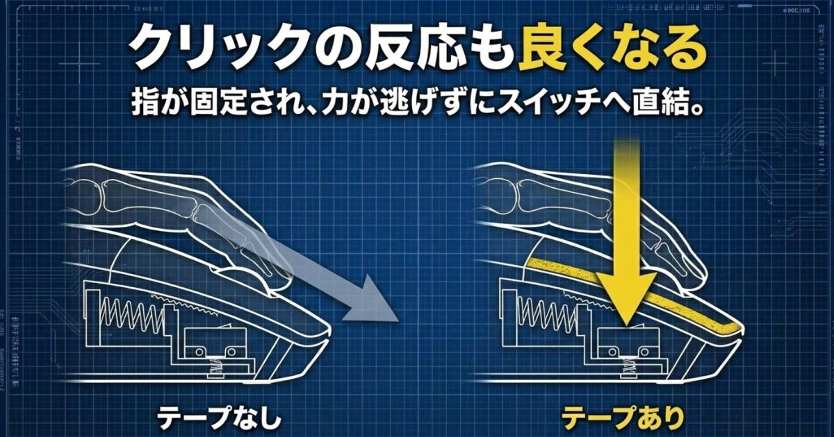 クリックの反応も良くなる。指が固定され、力が逃げずにスイッチへ直結