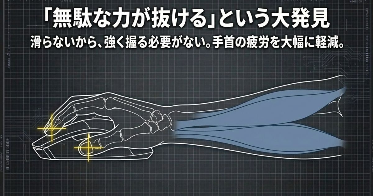 「無駄な力が抜ける」という大発見。滑らないから強く握る必要がなく、手首の疲労を大幅に軽減