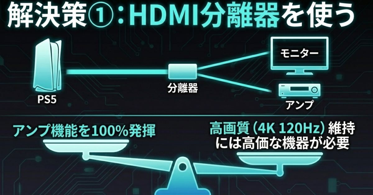 PS5からHDMI分離器を経由し、モニターとアンプにそれぞれ繋ぐことでアンプ機能を100%発揮させる配線の図解