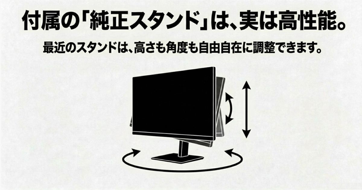 モニターの純正スタンドが高さや角度を自由に調整できることを示すイラスト